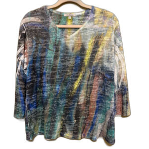 Jess & Jane V Neck Top Womens Large Multicolor Abstract Print Boho Art to Wear